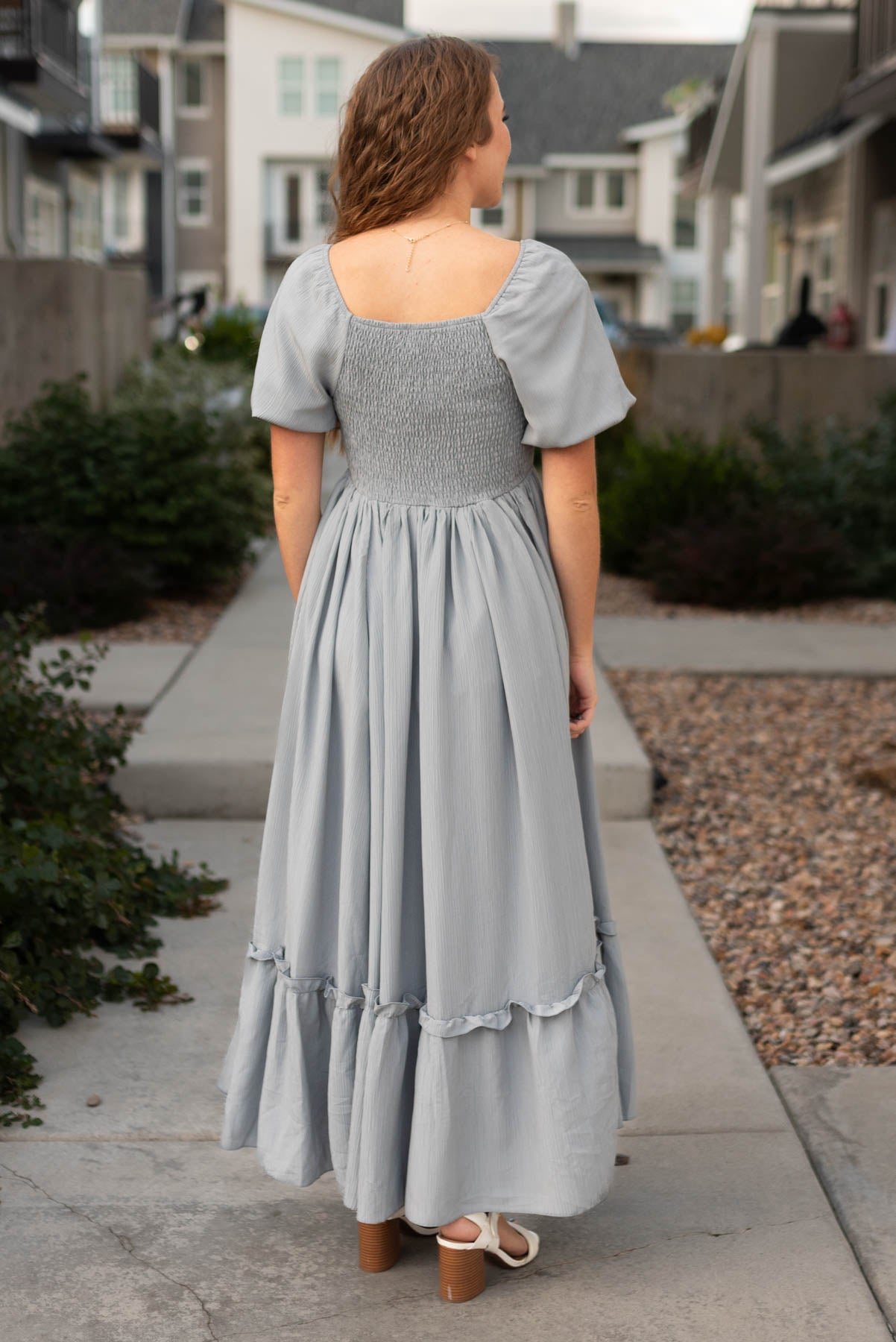 Back view of a slate grey dress