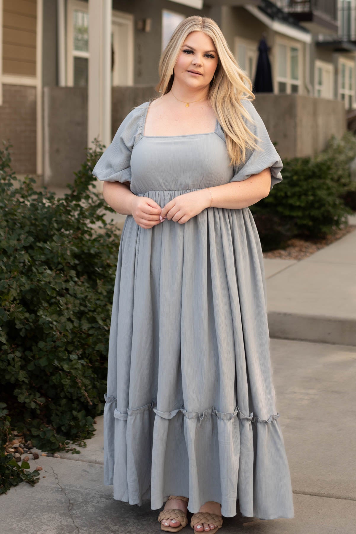 Short sleeve plus size slate grey dress with a square neck