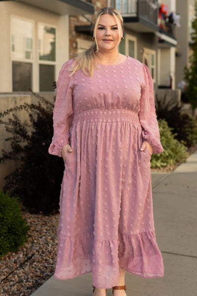 Long sleeve mauve dress with pockets and elastic waist