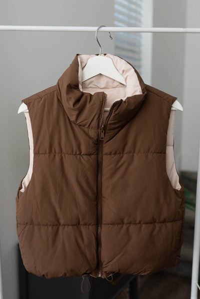 Cocoa side of the cocoa reversible puff vest