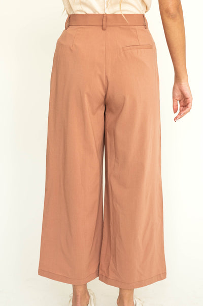 Back view of caramel wide leg pleated pants with button at waist.