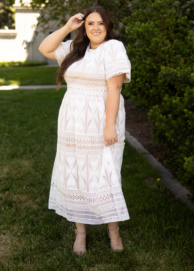 Plus size white lace dress with nude lining 
