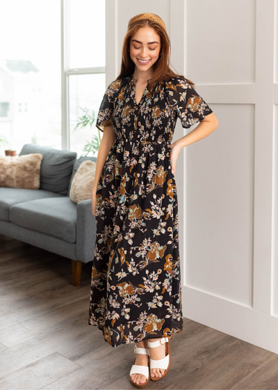 Short sleeve black floral dress