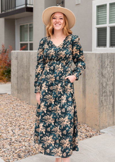 Long sleeve teal satin floral dress with pockets
