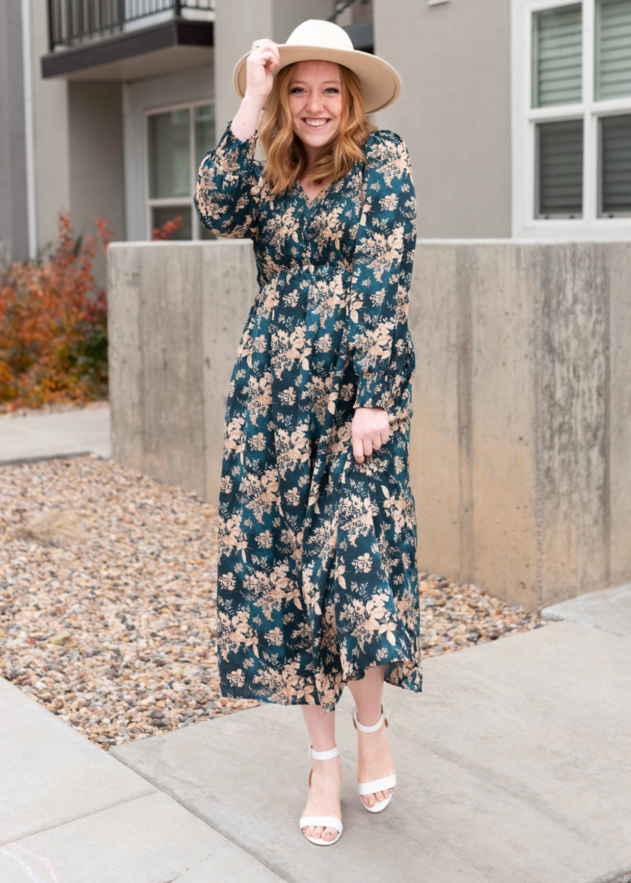 Long sleeve teal satin floral dress