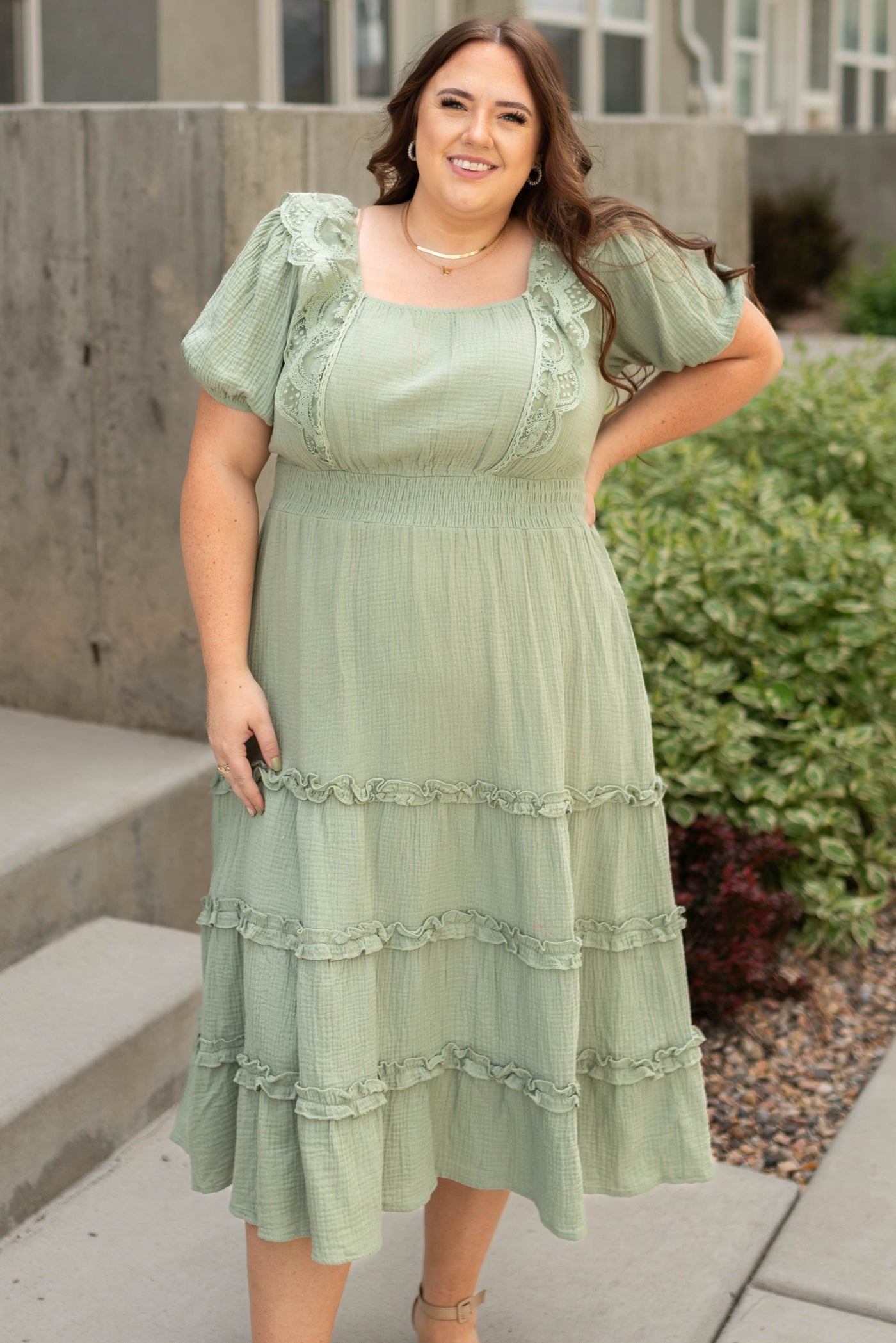 Plus size sage dress with square neck and pockets