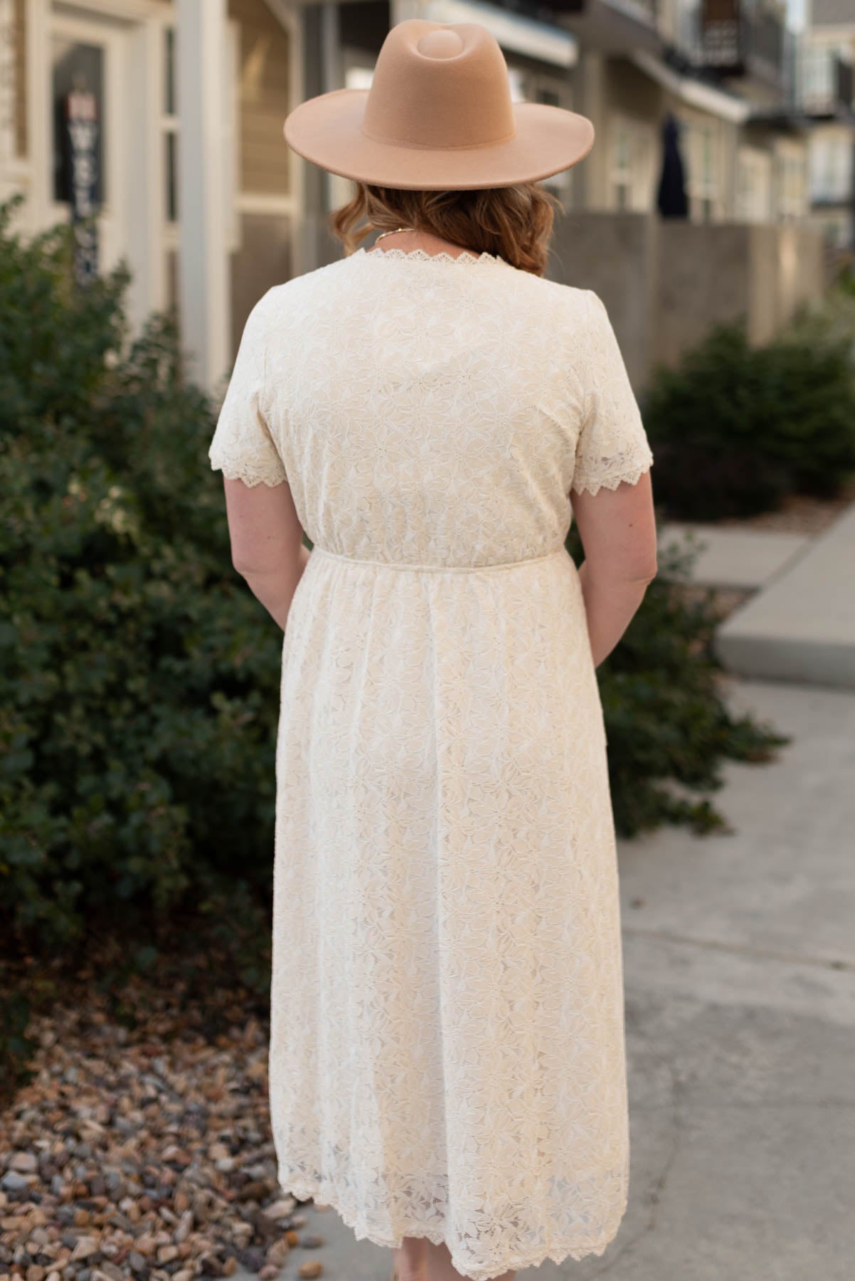 Back view of a cream lace dress