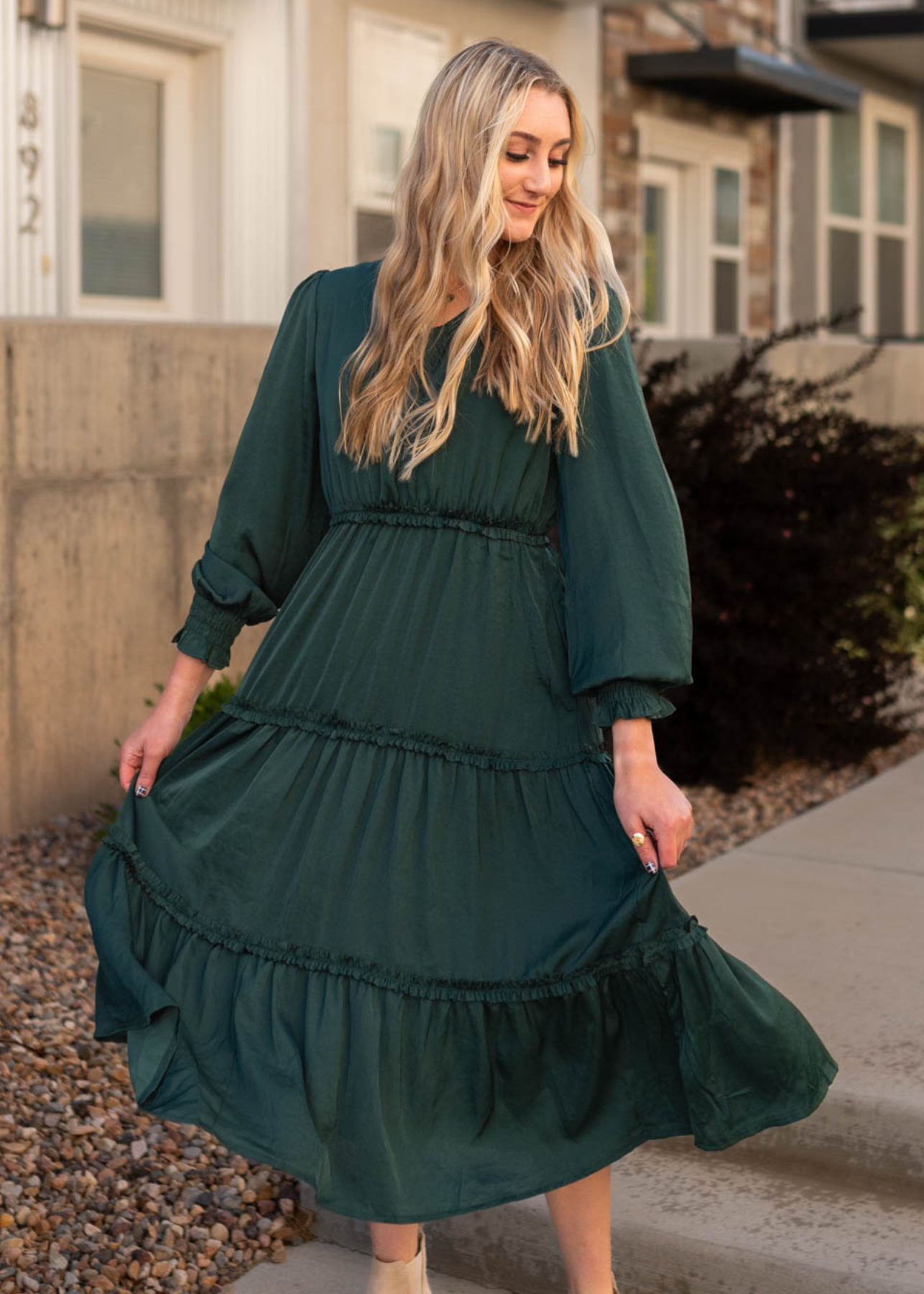 Hunter green dress with tiered skirt