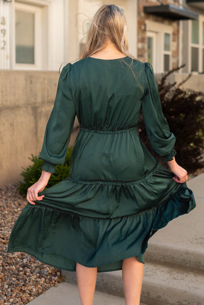 Back view of a hunter green dress
