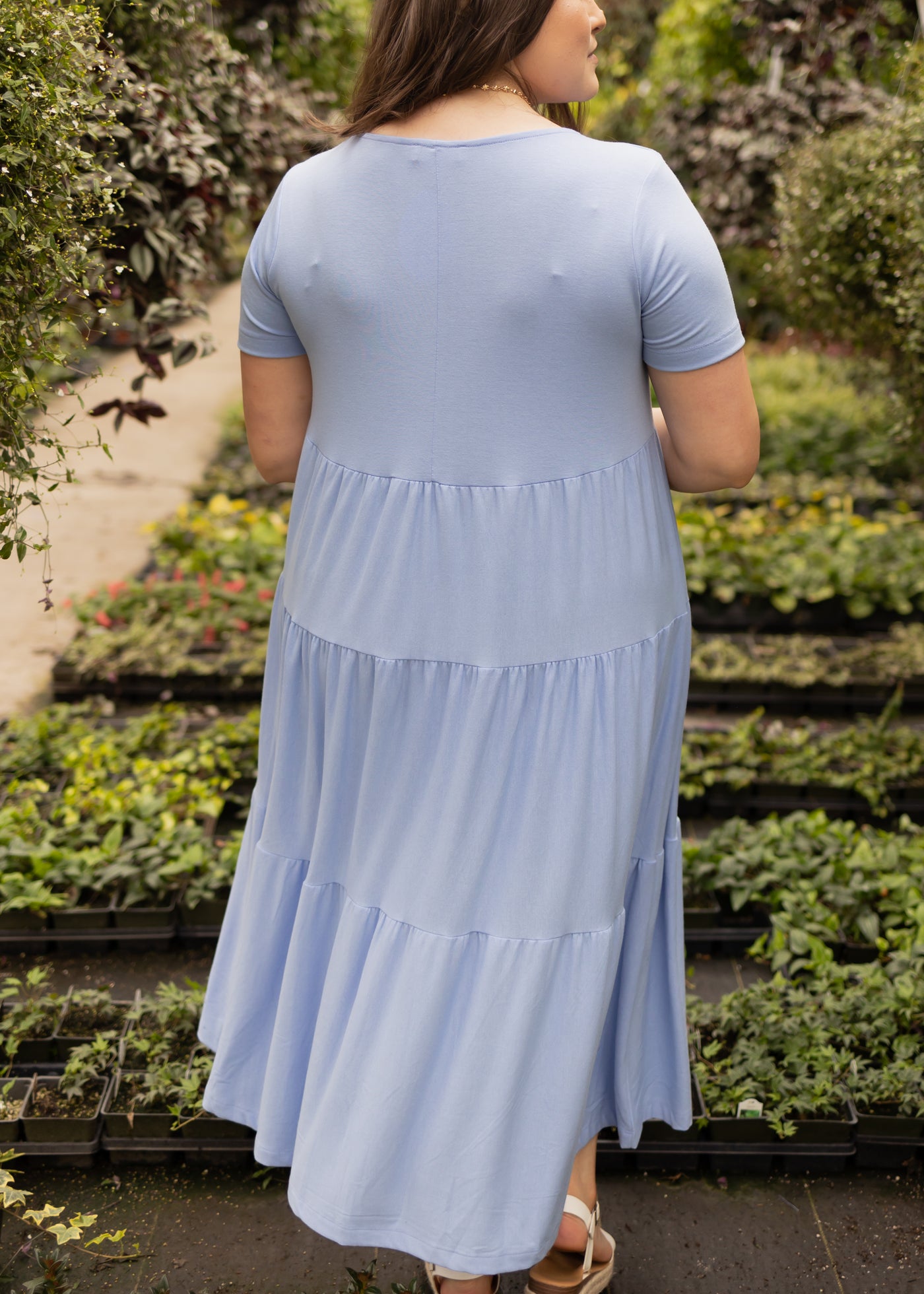 Back view of a plus size medium blue dress