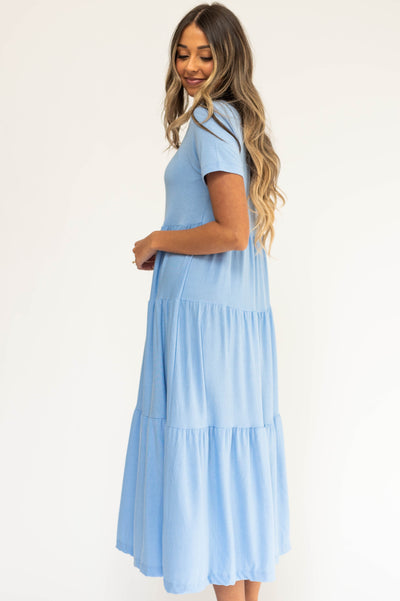 Side view of a blue spring dress