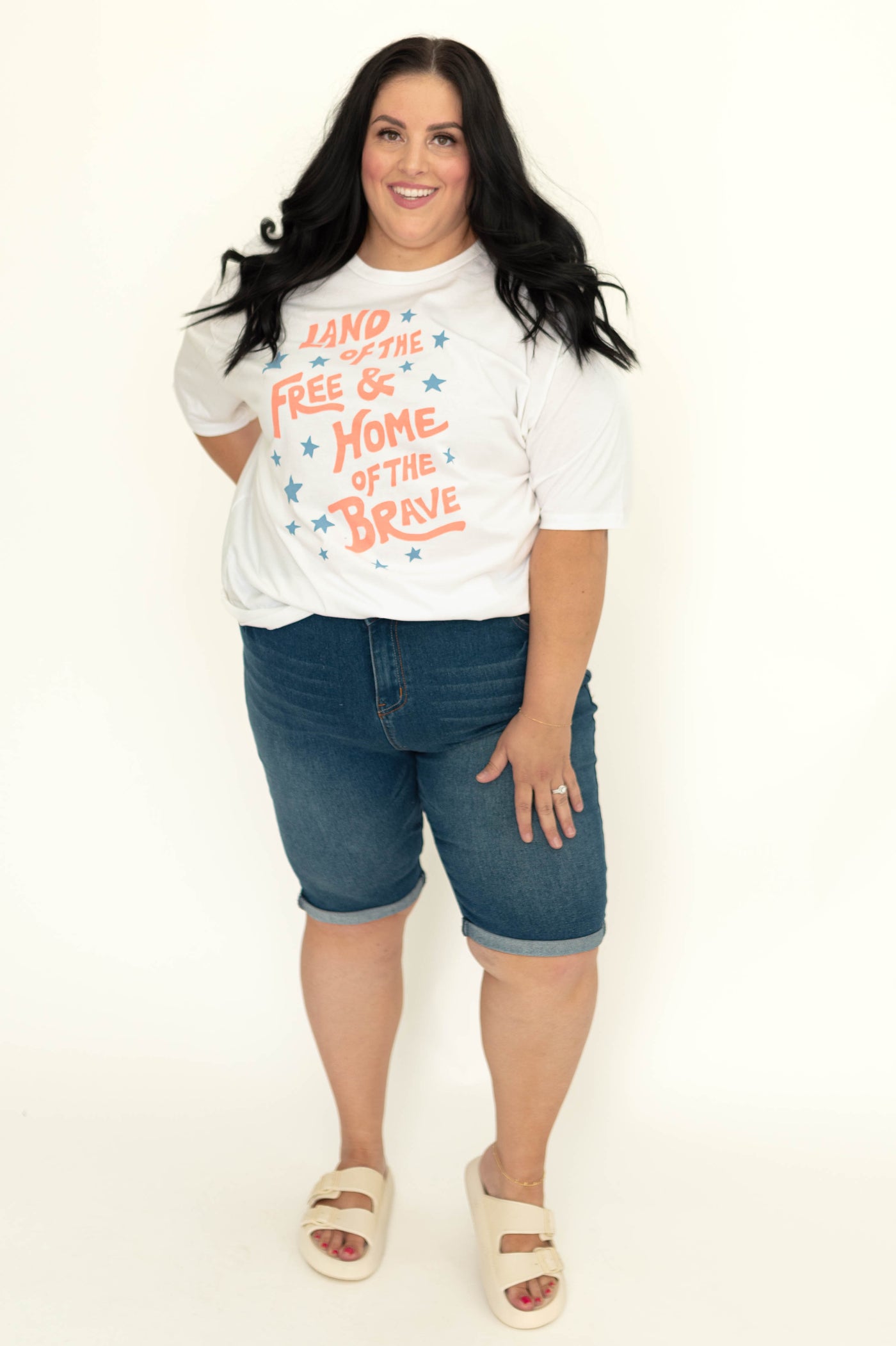 Plus size of home of the free land of the brave white graphic tee
