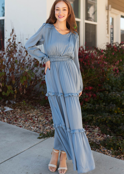 Blue grey dress with ruffle tiered skirt