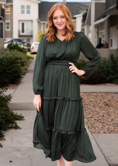 Long sleeve satin hunter green dress