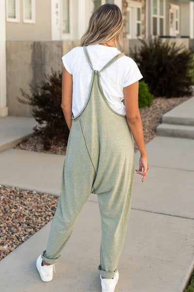 Back view of a olive jumpsuit