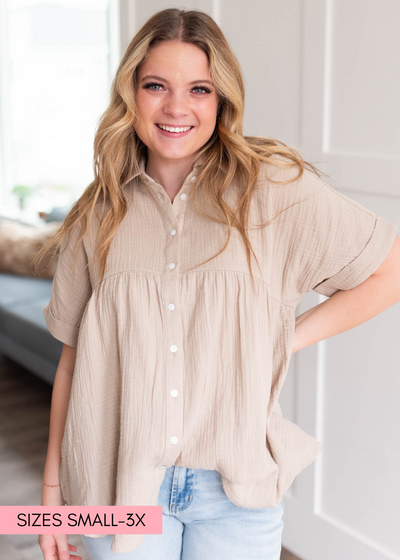 Short sleeve taupe button down top