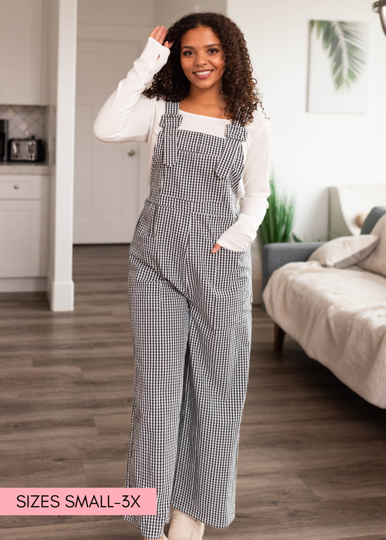 Black gingham overalls with pockets