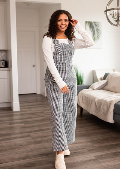 Black gingham overalls with buckles straps