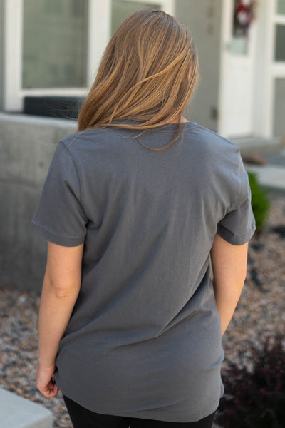 Back view of a giddy up charcoal top