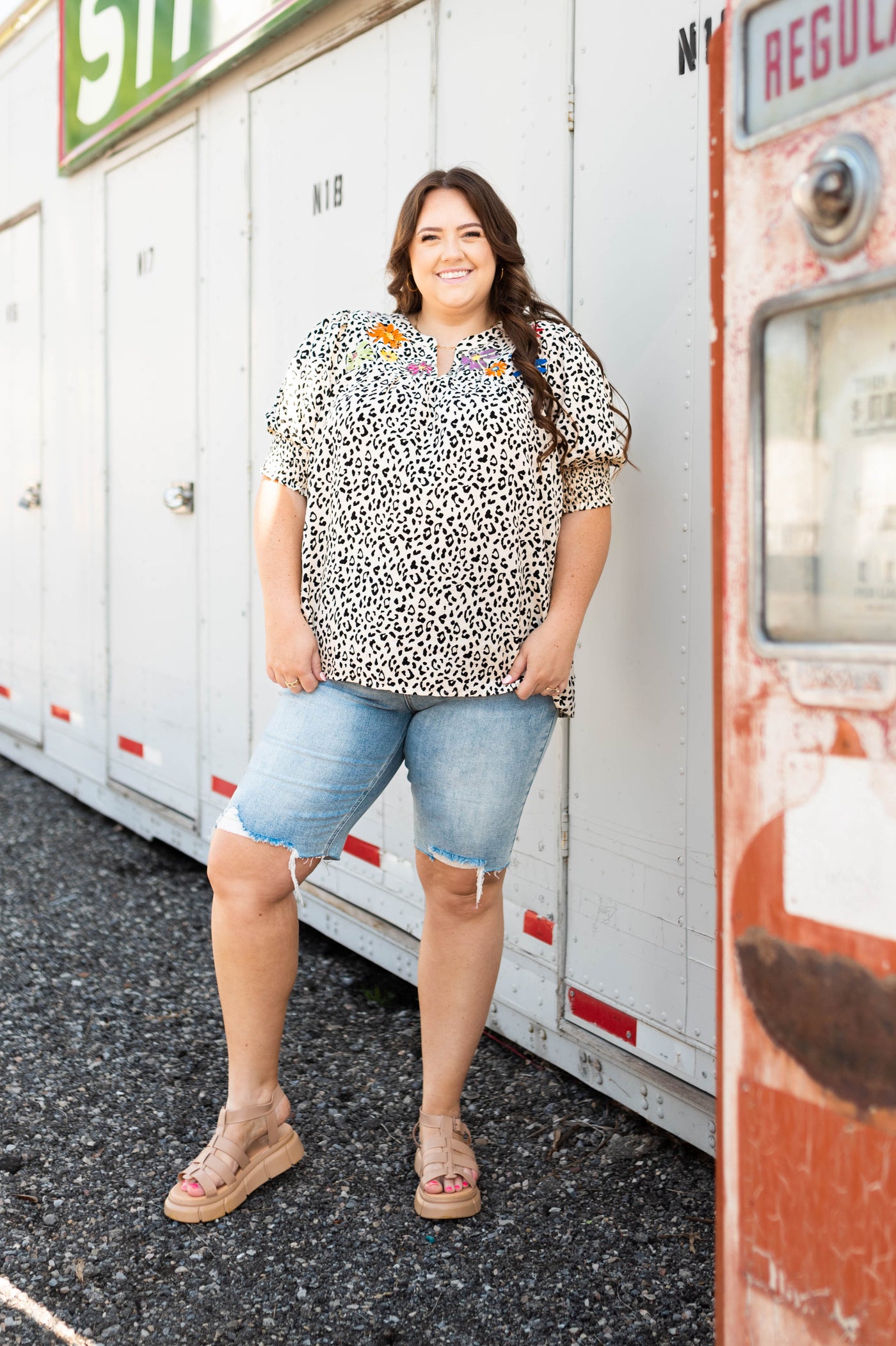 Short sleeve plus size cream leopard top with black spots and embroidery at the neck