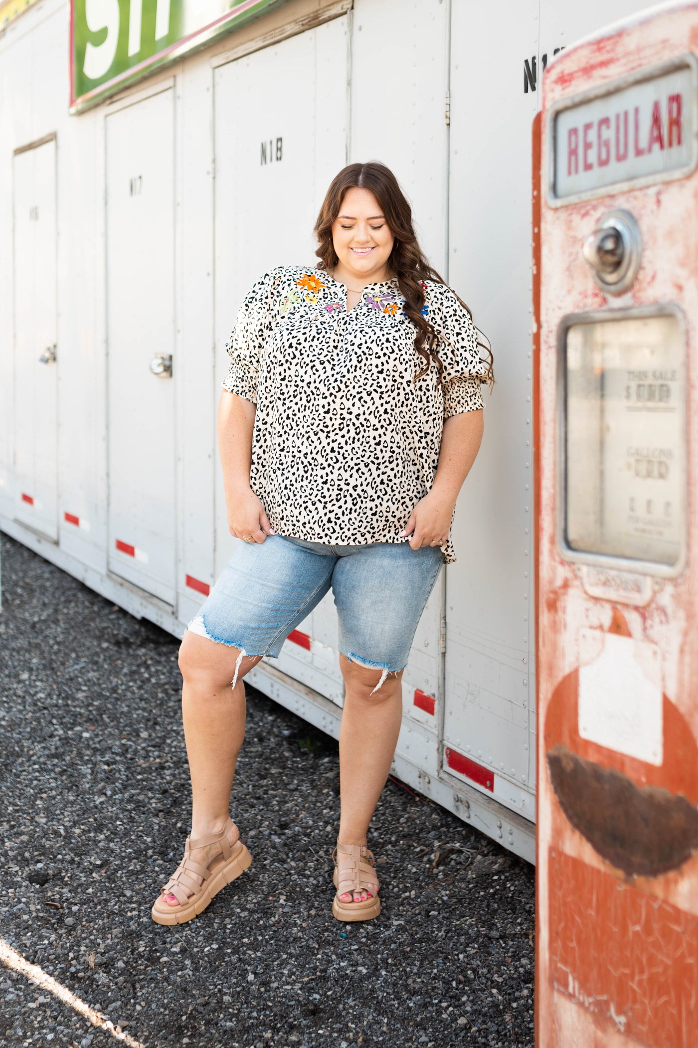 Short sleeve plus size cream leopard top with embroidery at the neck
