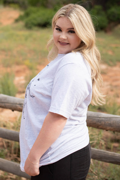 Side view of a plus size grave yard boogie grey tee