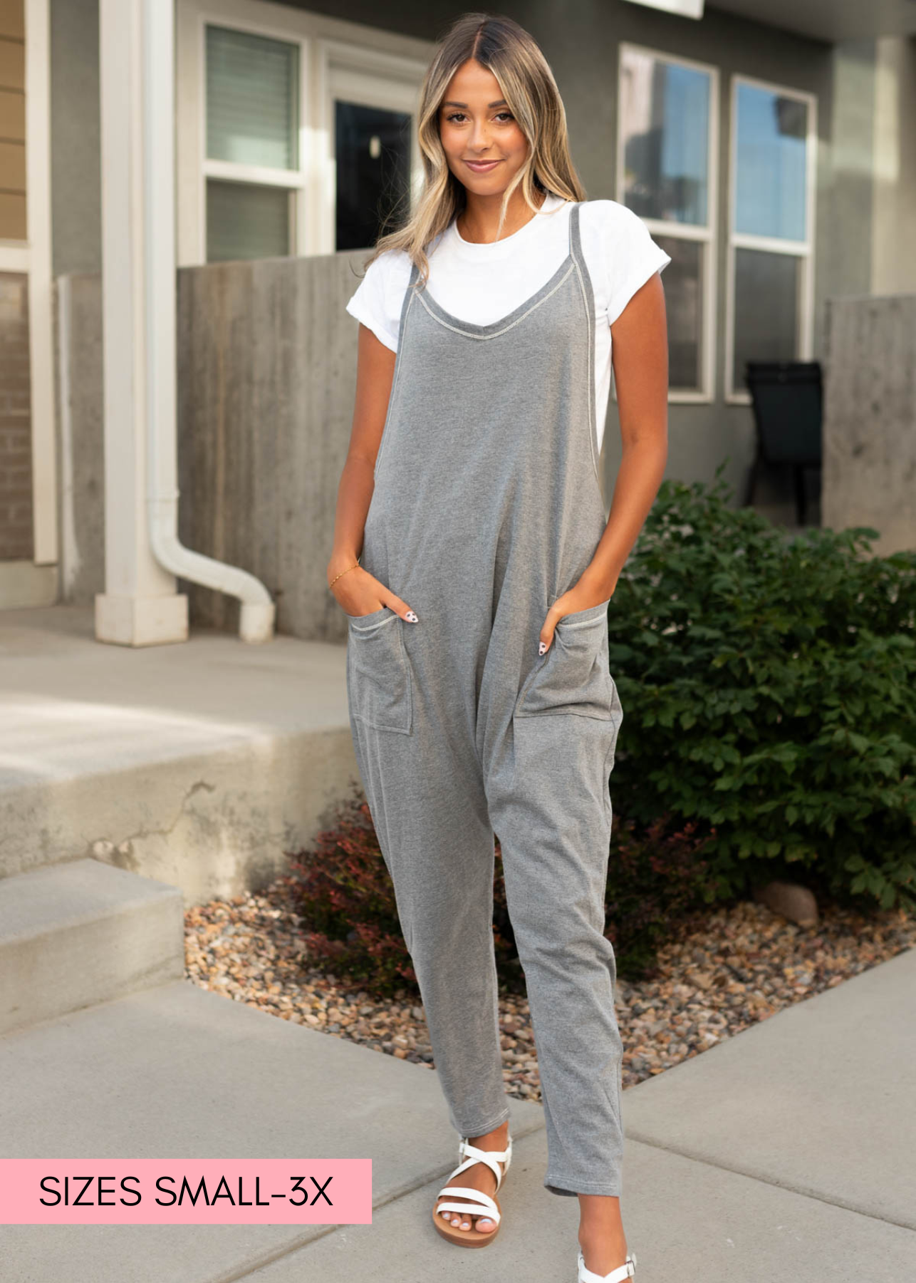 Charcoal jumpsuit with wide v-neck and pockets