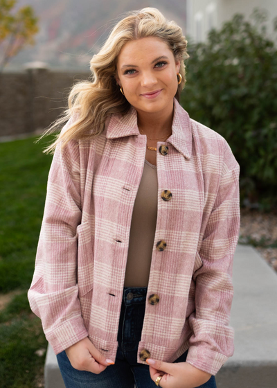 Pink plaid shacket with a collar
