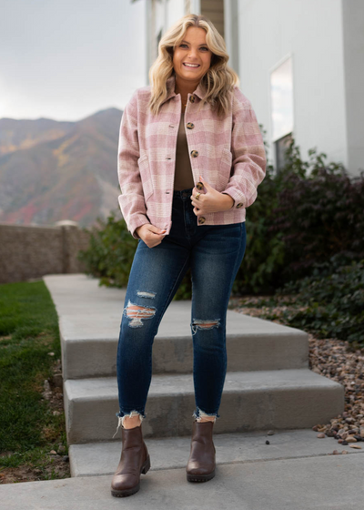 Long sleeve pink plaid shacket with pockets