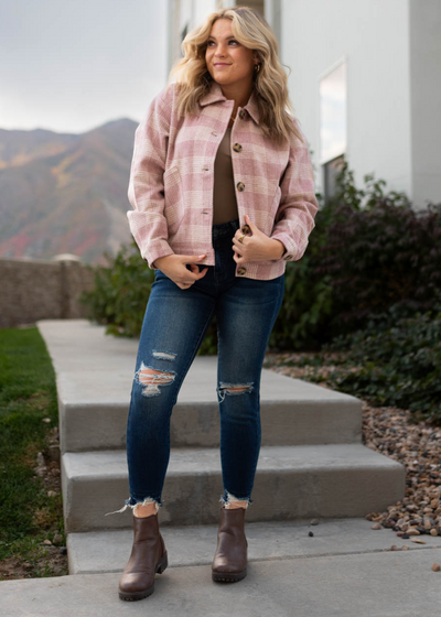 Long sleeve pink plaid shacket