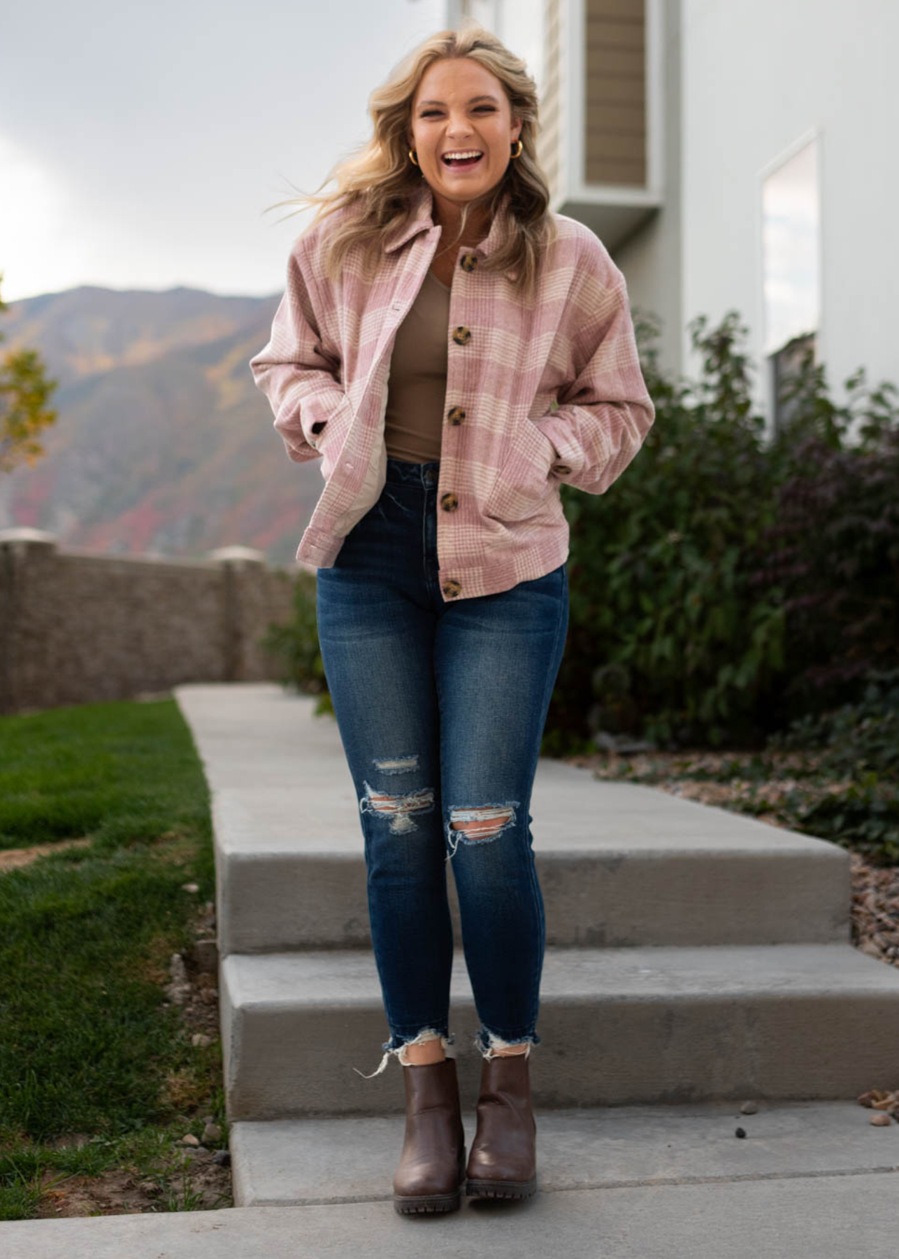 Button up pink plaid shacket