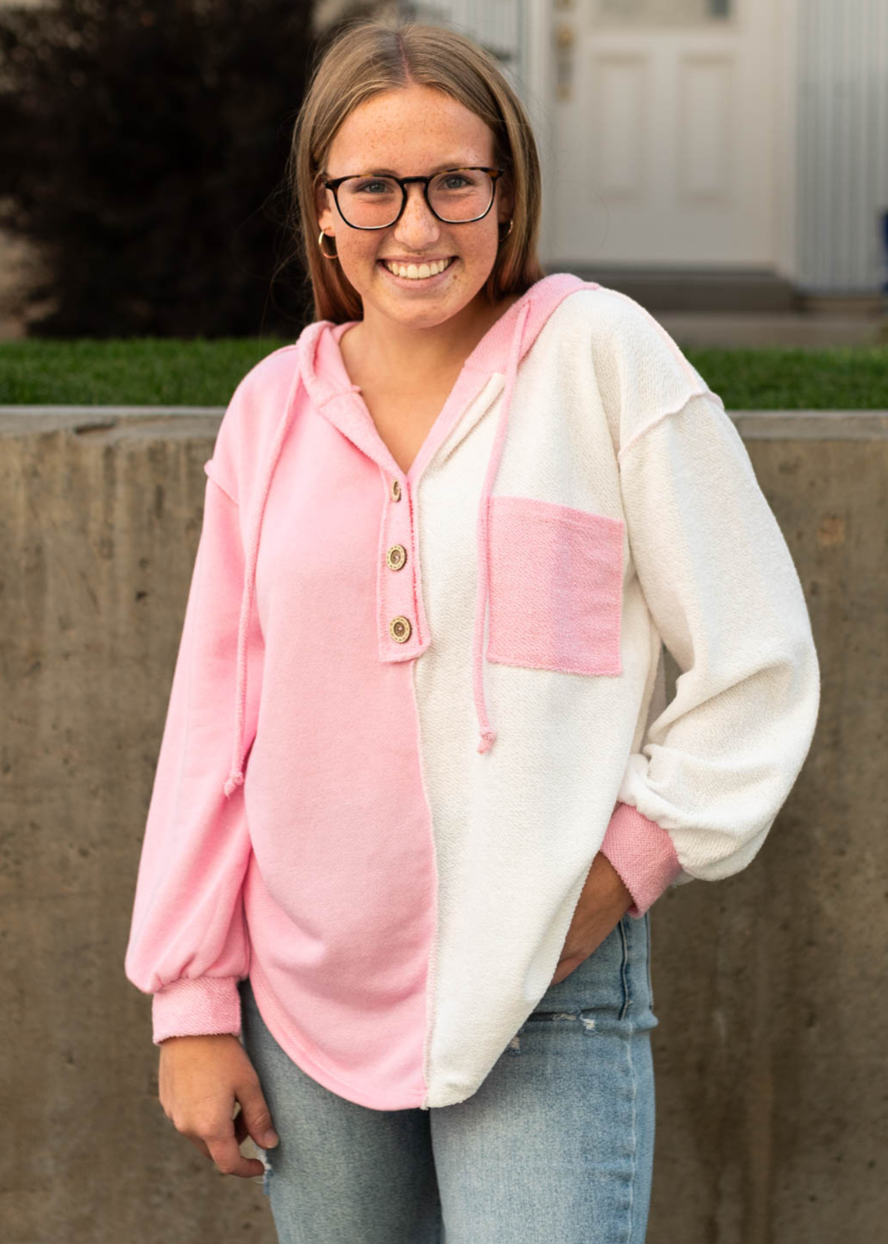 Block color pink hoodie