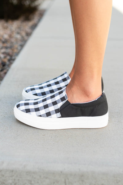 Black gingham slip on shoes with black on the side