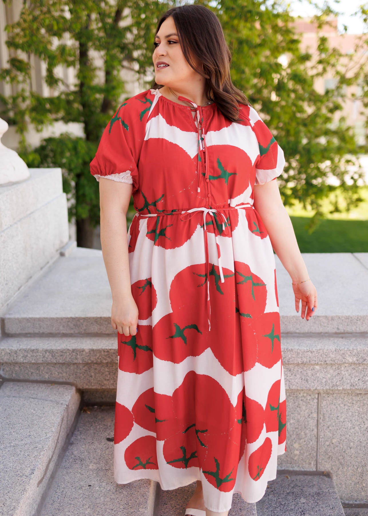 Plus size red pattern dress with short sleeves