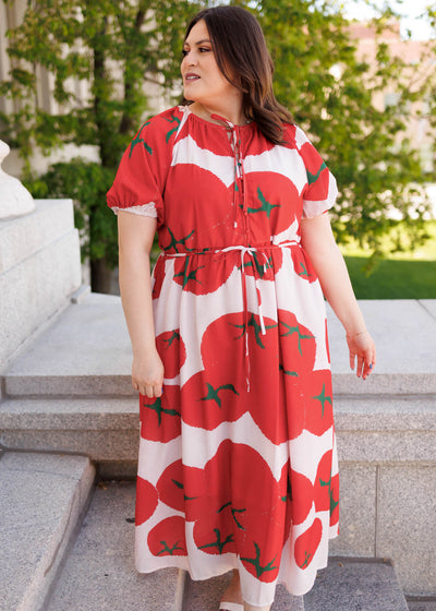 Plus size red pattern dress with short sleeves