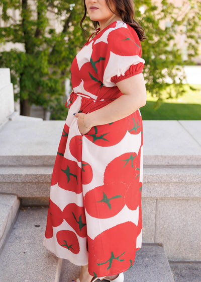 Side view of the plus size red pattern dress