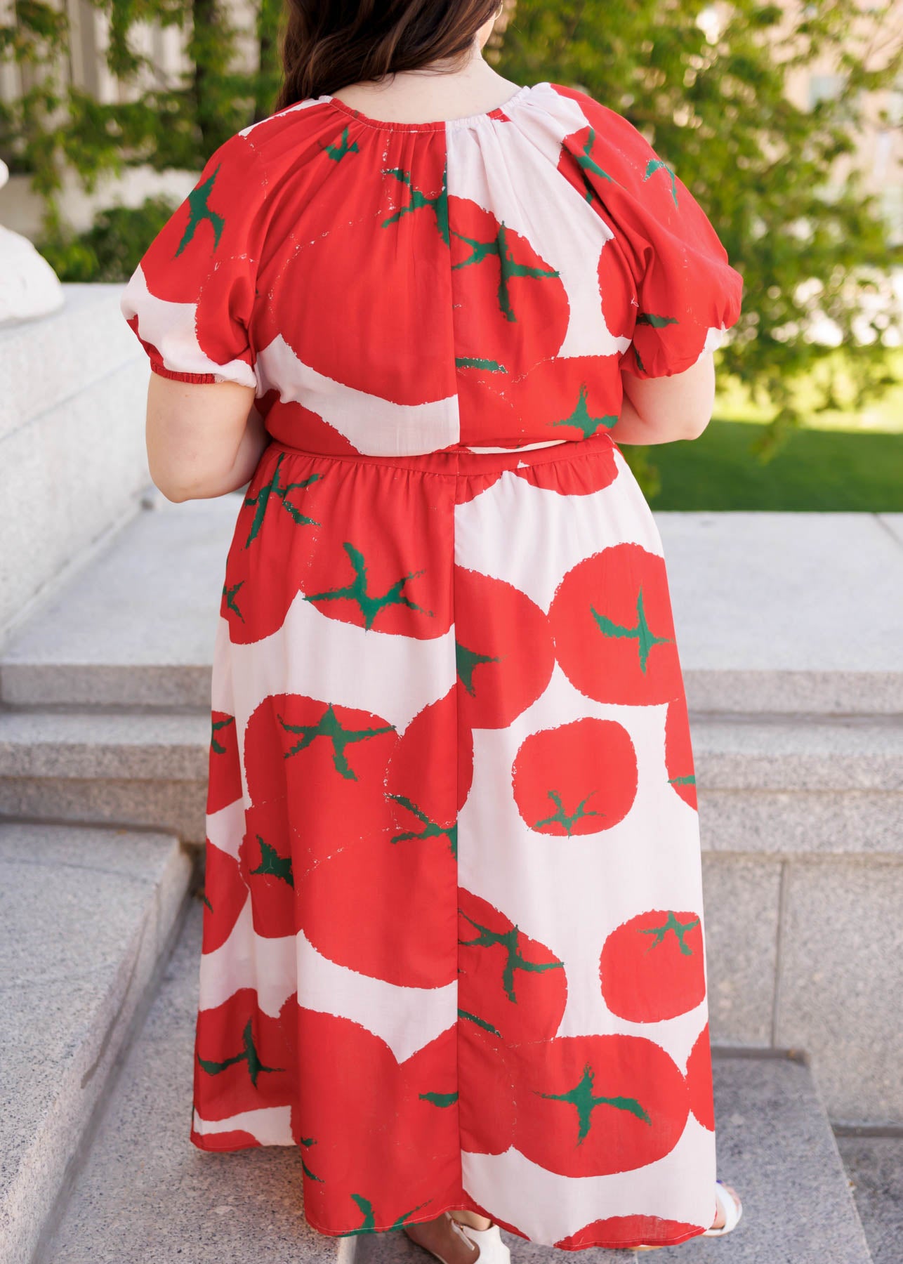 Back view of the plus size red pattern dress