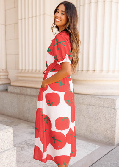 Side view of the red pattern dress