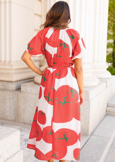 Back view of the red pattern dress