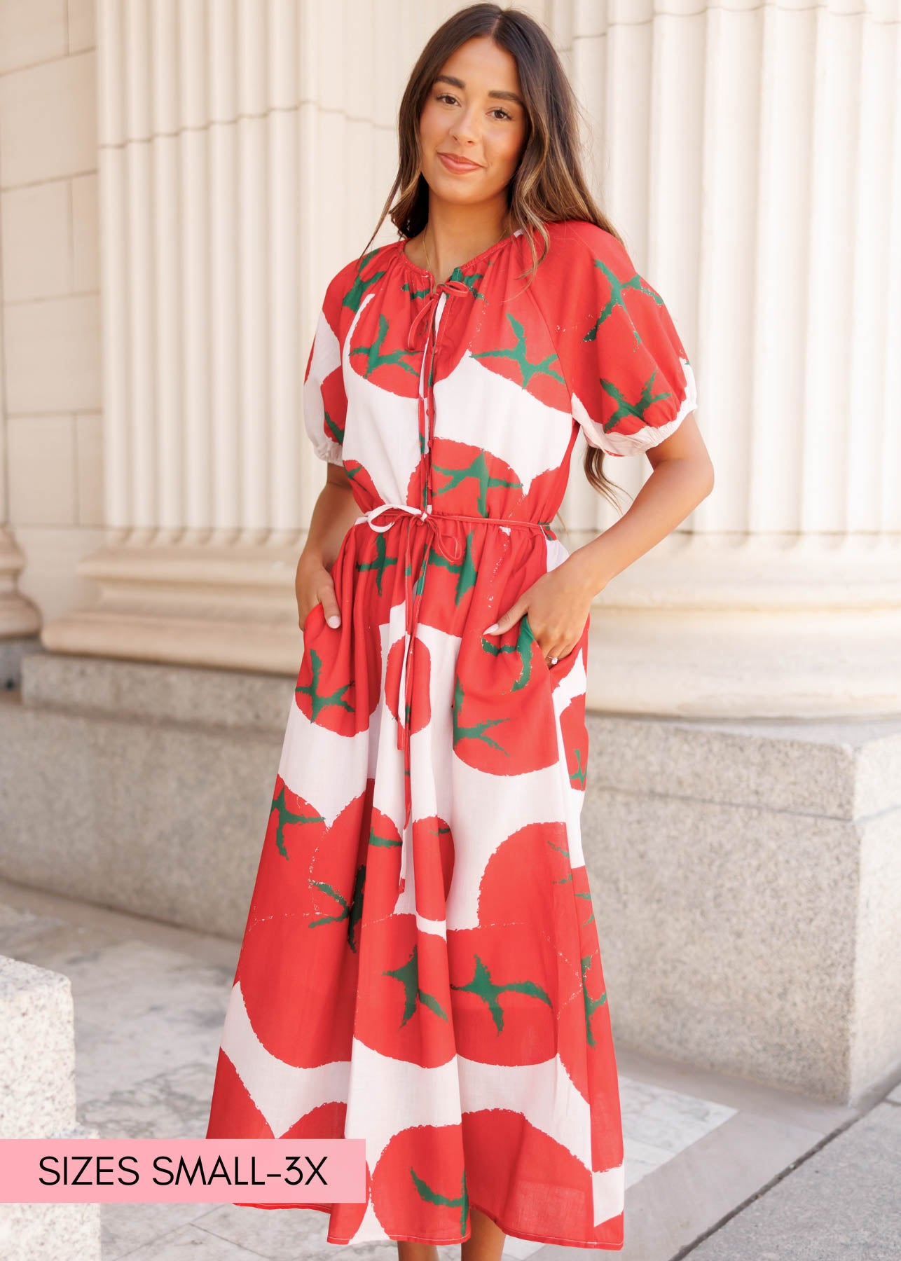 Red pattern dress with pockets