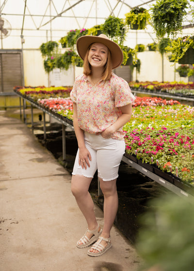 Medium short sleeve pink floral top