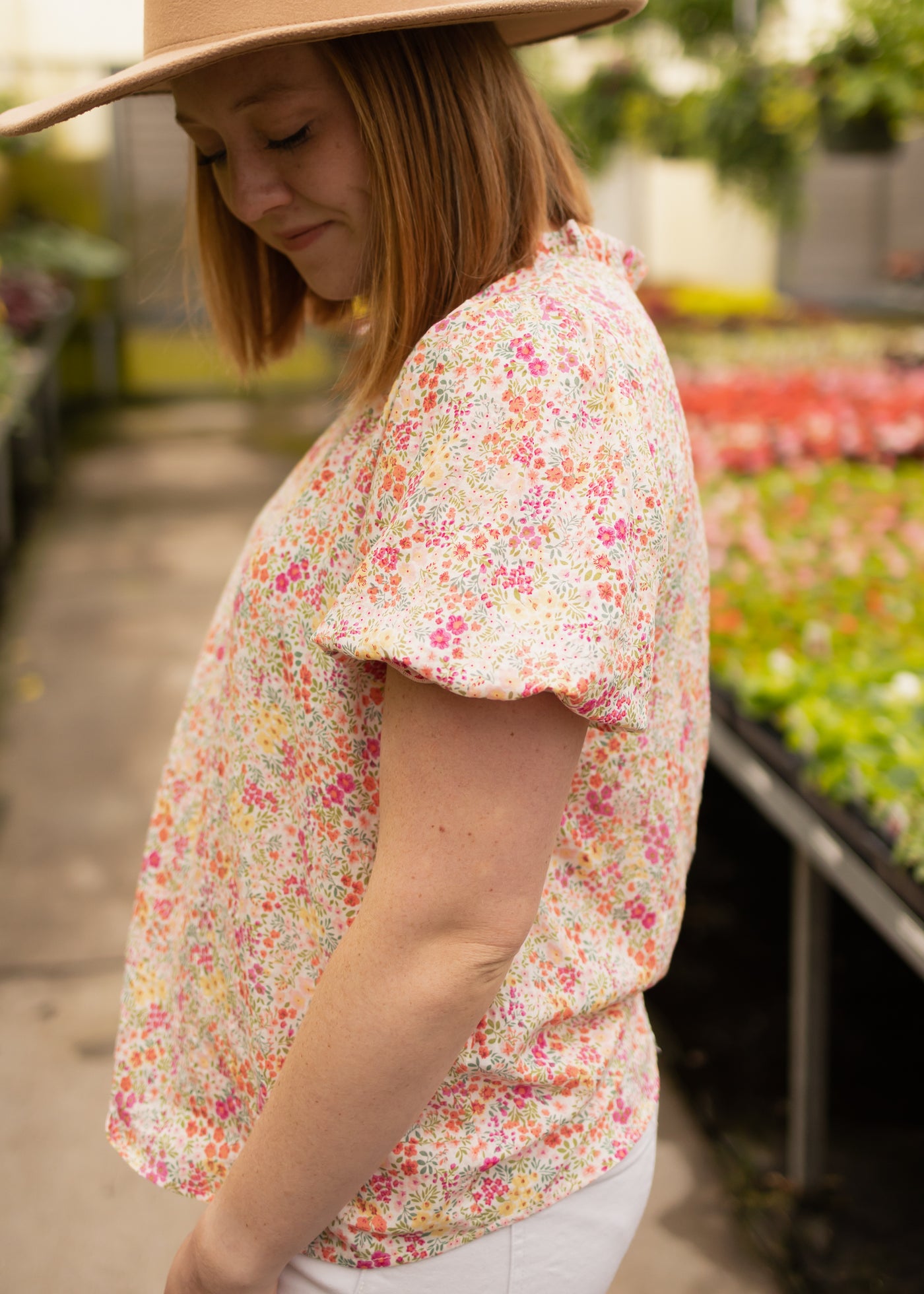 Side view of a pink floral top
