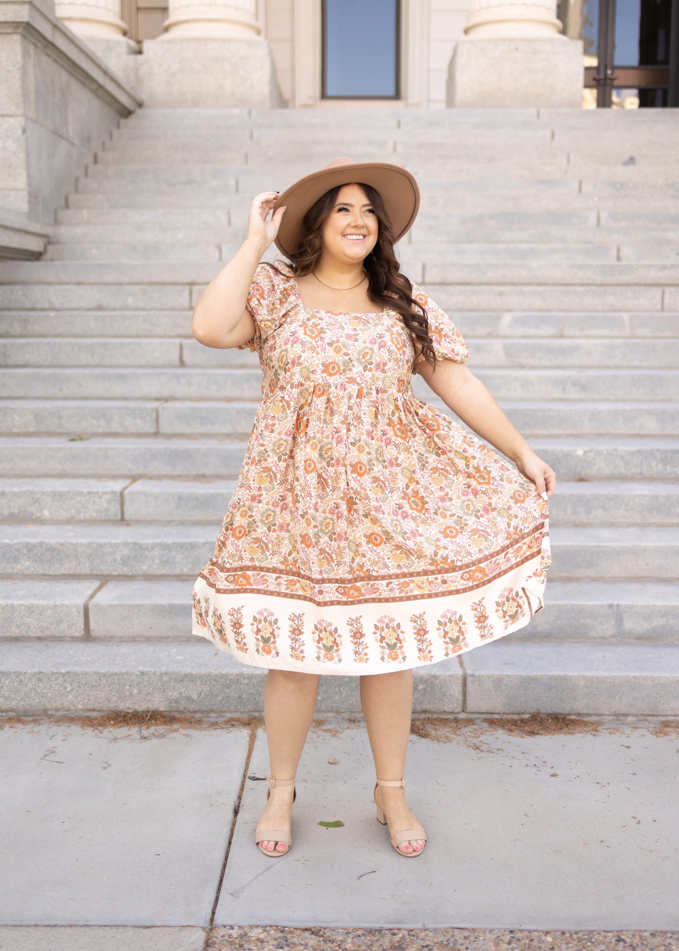 Plus size short sleeve taupe dress with smocked bodice