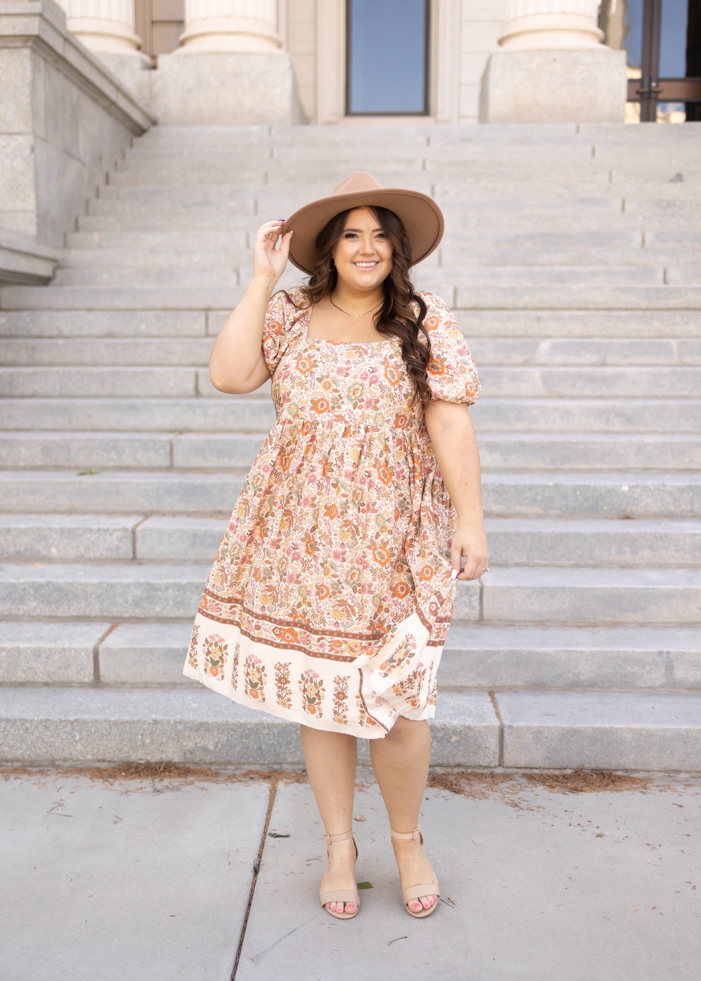 Short sleeve taupe dress with smocked bodice