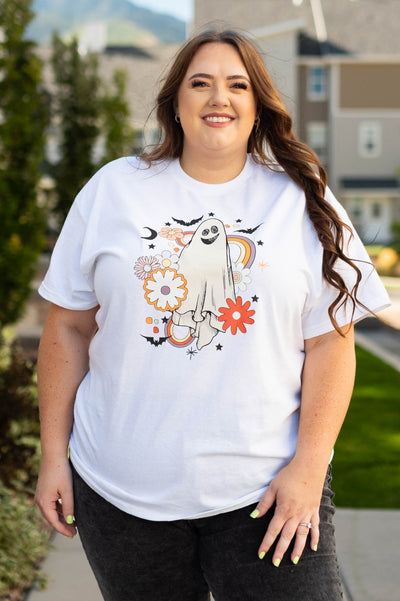 Plus size happy haunt white tee