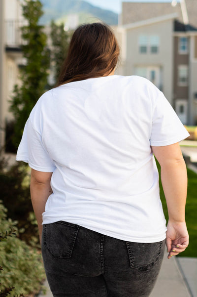 Back view of the plus size happy haunt white tee