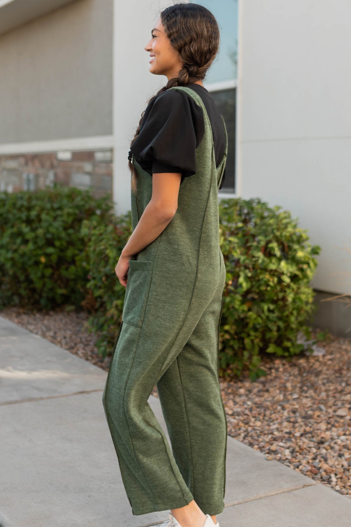 Side view of the olive overalls