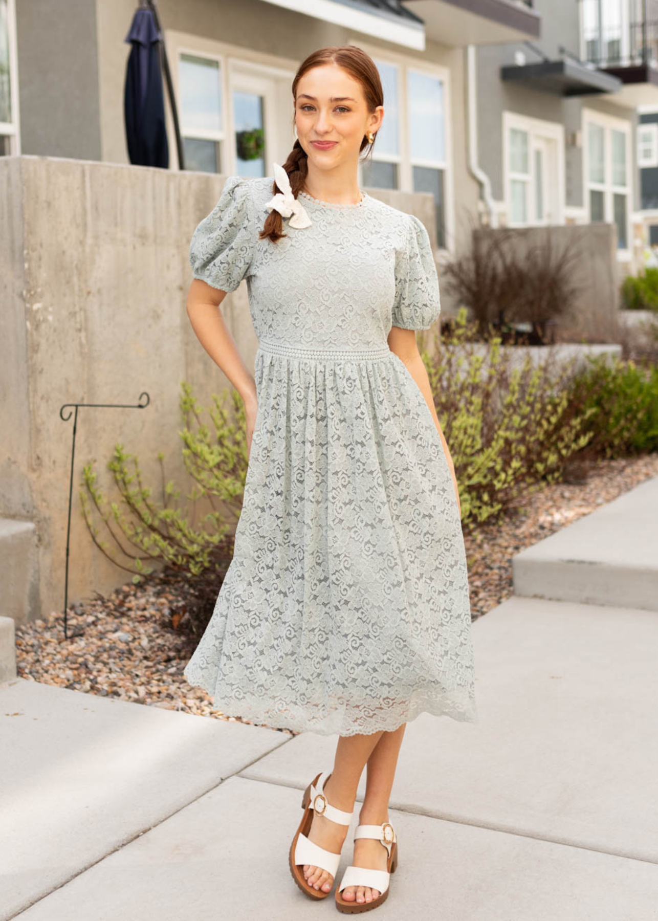 Sage blue lace dress with short sleeves