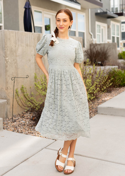 Sage blue lace dress with short sleeves