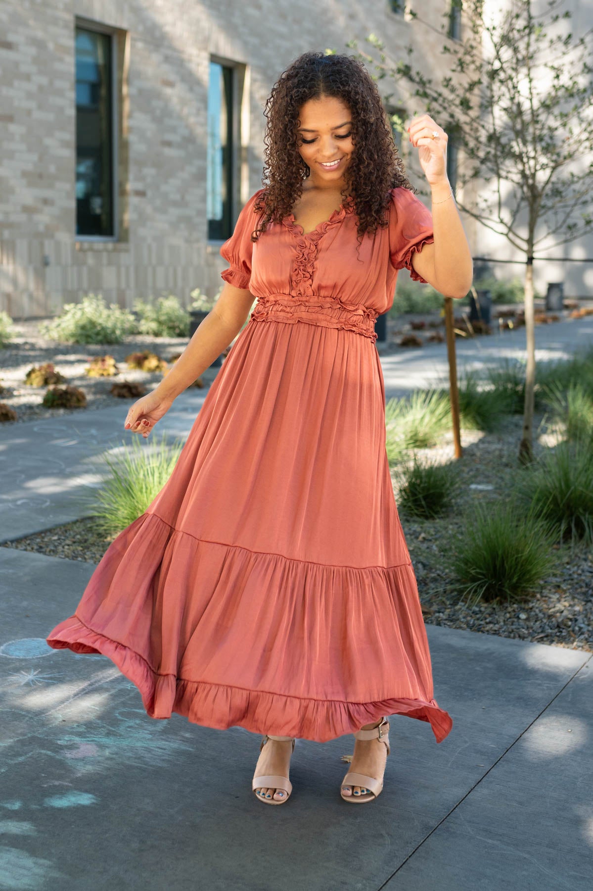 Short sleeve sienna dress with ruffle at the bottom of the skirt